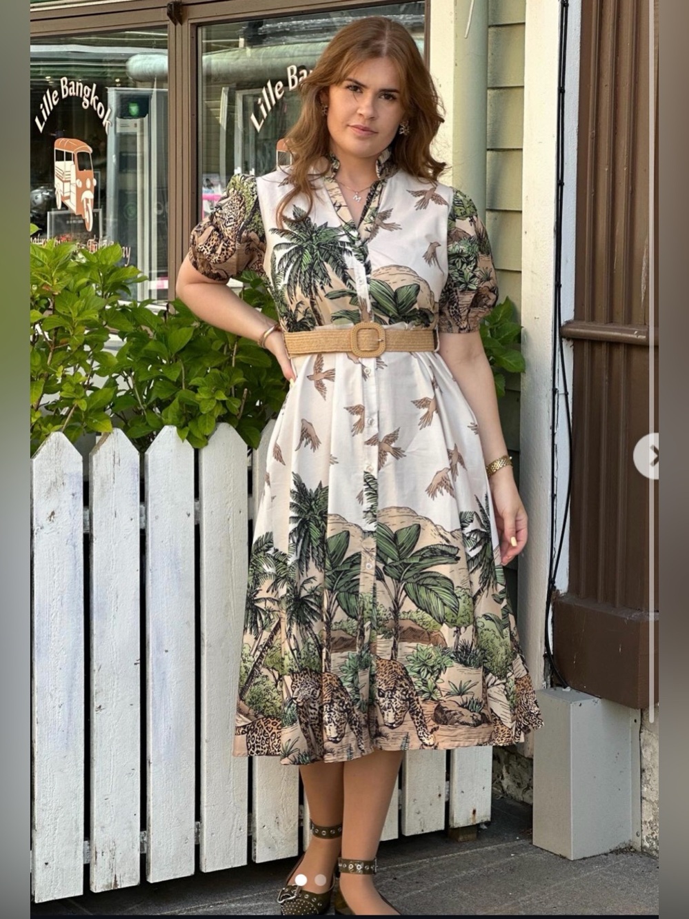 Lumine Paris Tropical Button-Front Midi Dress in Cream and Green Print w Belt
